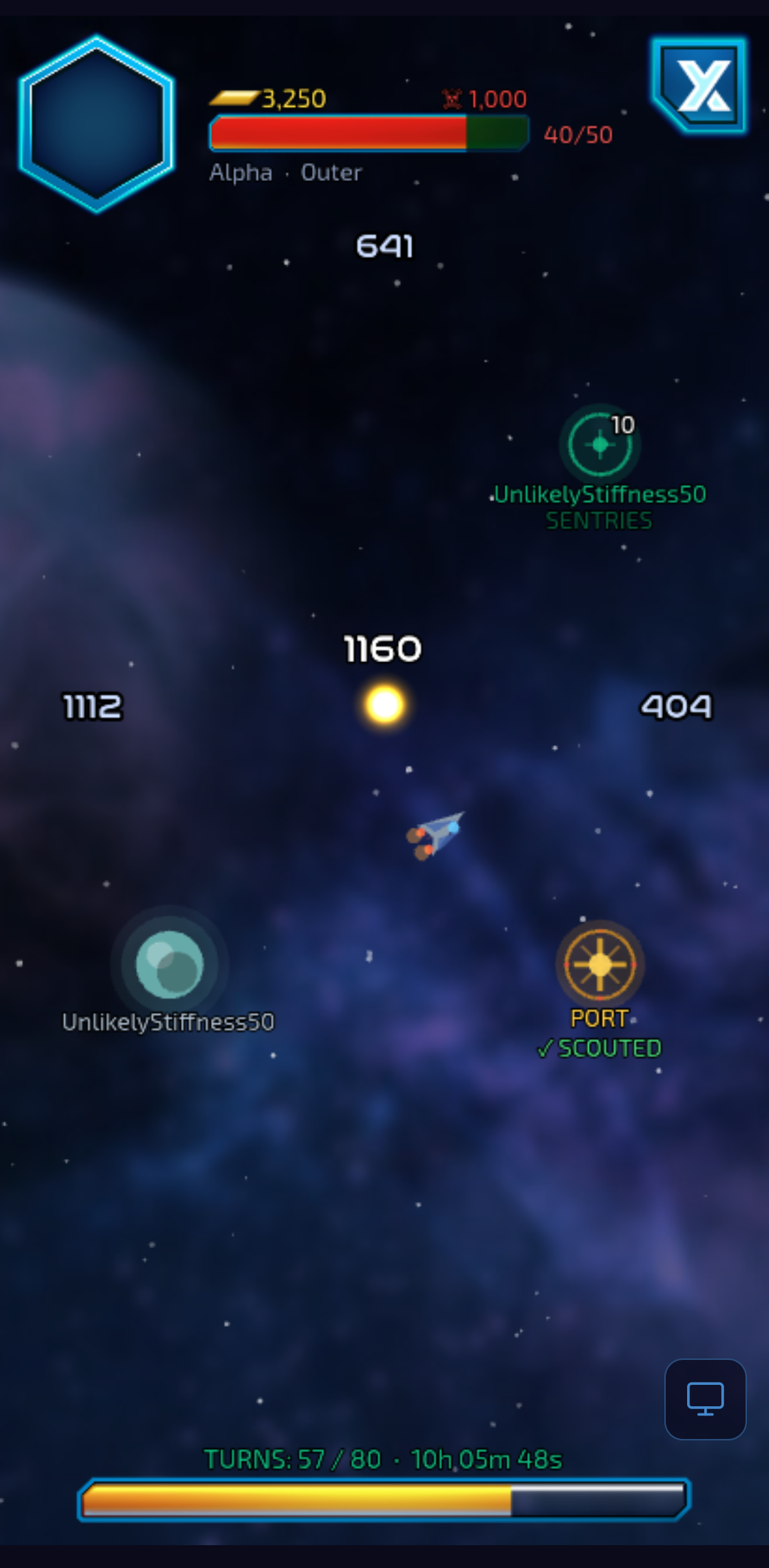 Sector view with ship, planet, sentries, and port